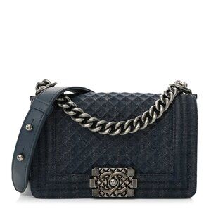 Chanel Denim Embossed Small Boy Flap Blue Shoulder Bag Crossbody